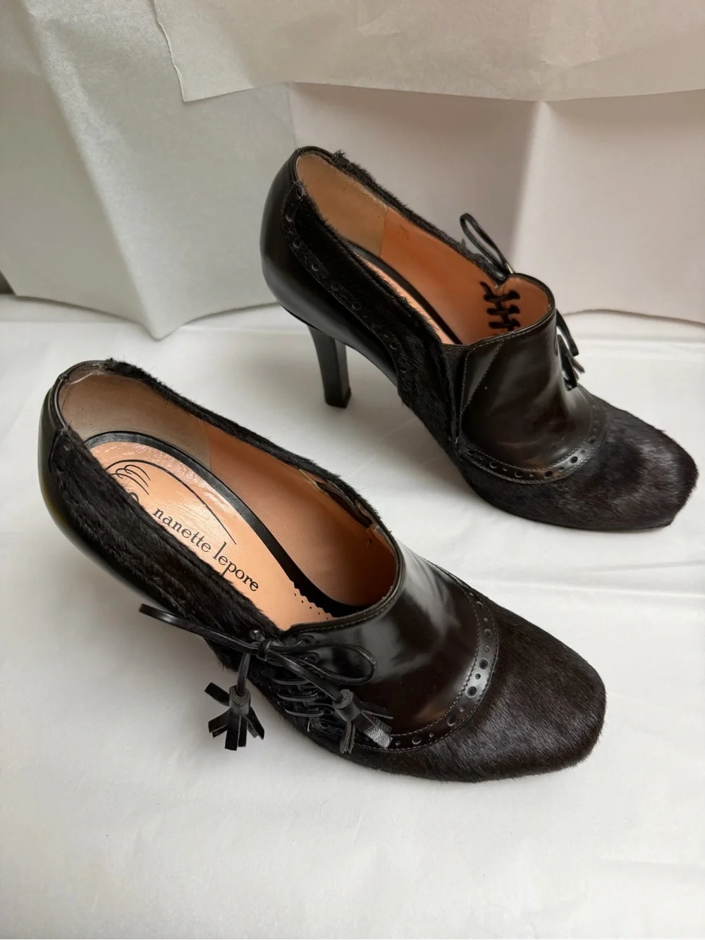 Nanette Lepore brown Fur & Leather Lace-Up Heels